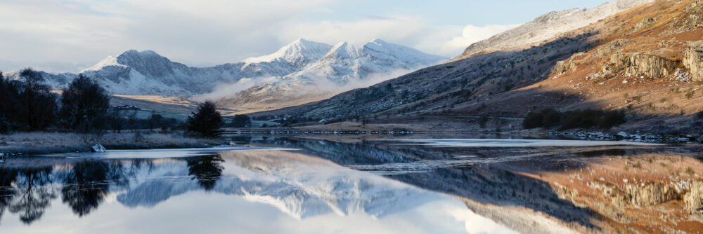 Panorama of Yr Wyddfa Snowdon mountain in Eryri Snowdonia national park in winter