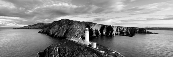 Black and white panoramic print of the south stack lighthouse in Wales