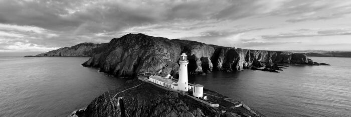 Black and white panoramic print of the south stack lighthouse in Wales