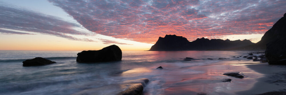 Panorama print of Uttakleiv beach in the Lofoten Islands at sunrise