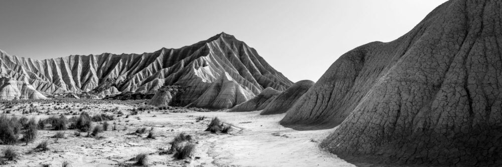 B&W Panorama of the Spanish Badlands in the Navarra Desert