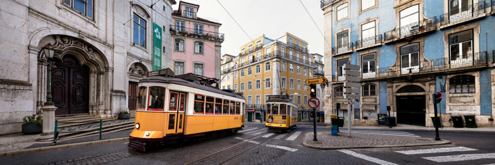 Panorama of the Lisbon Trams in the Alfama District Portugal