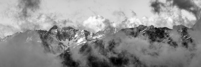 B&W panorama as clouds surround Pic Long in the French Pyrenees