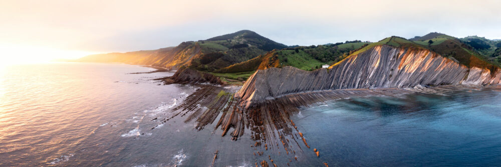 Aerial Panorama of the Playa De Sakoneta and Flysch route in Northern Spain