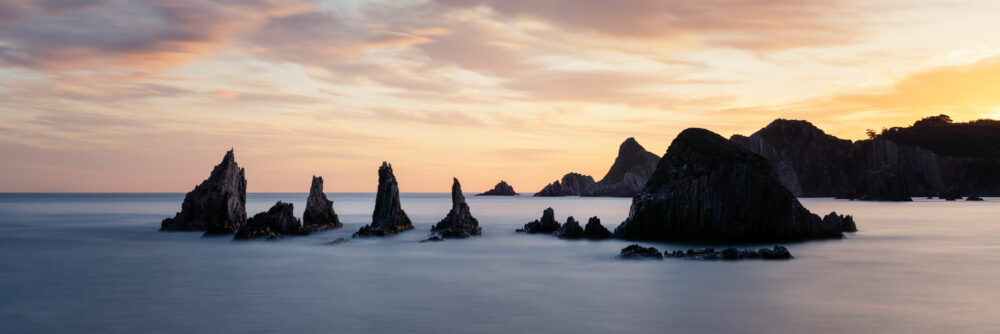 Panorama of the Gueirua at sunrise in the Austurias Spain