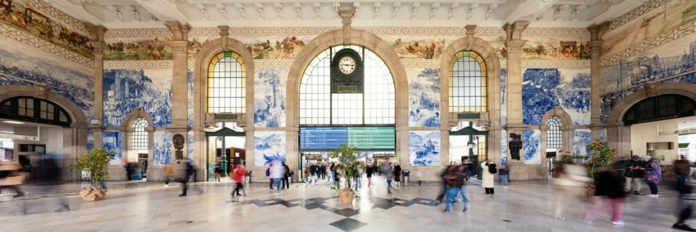 Panorama of the beautiful Sao Bento Train Station in Porto Portugal