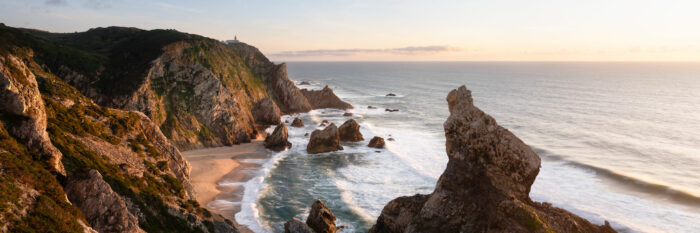 Panorama of Ursa Beach on the coast of Sintra in Portugal