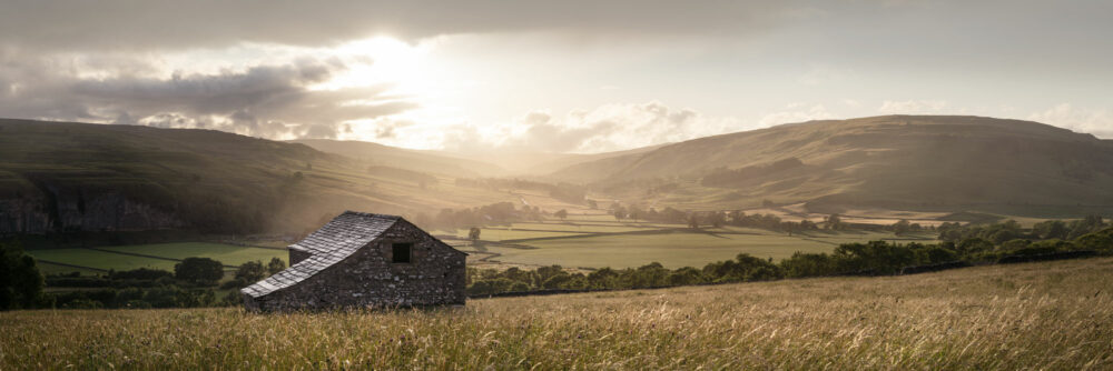 Panorama of a dry stone barn long the Dales Way in Wharfedale, Yorkshire Dales