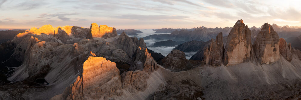 Panoramic aerial print of the Tre cime de lavaredo mountains at sunset in the Dolomites, Italy