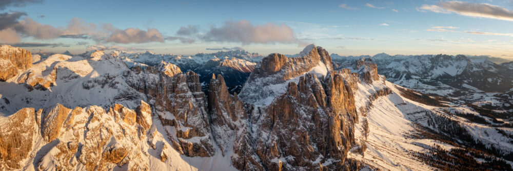 Aerial Panoramic print of the Torri del Vajolet along the Passo Carezza in the Italian Dolomites