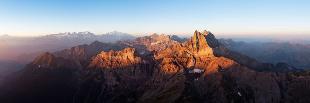 Aerial Panorama of the Dents du Midi mountain range in Chablais Swiss Alps