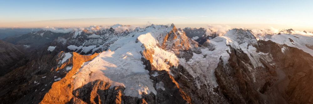 Aerial Panorama of La Meije mountain in the Parc national des Écrins, Alps, France