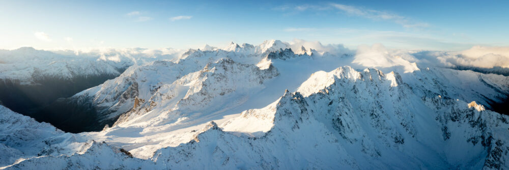 Aerial Panorama of the Orny Glacier and Mountains in winter in the Swiss Alps