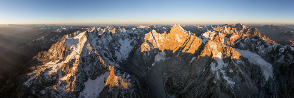 Aerial Panorama of the Massif des Écrins in Ecrins national park in the Alps, France