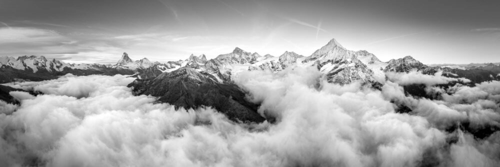 Black and white aerial panorama of Matter valley and the Matterhorn in Zermatt, Swiss Alps