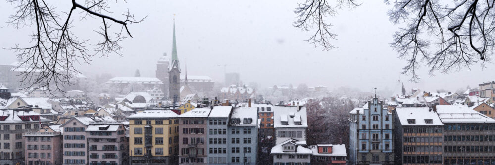 Panorama of Zurich city as snows falls in Switzerland