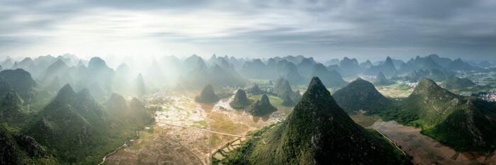 Incredible Aerial Paoramic print of the endless karst mountains in Guiin China