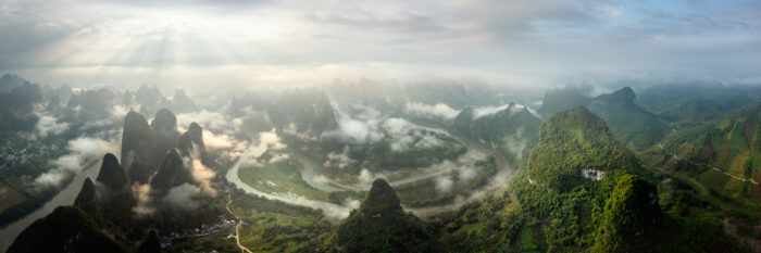 Aerial panoramic print of the Lijang River in Xingping Guilin China