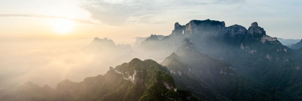 Aerial Panoramic print of Tianmen mountain at sunrise in Zhangjiajie, China