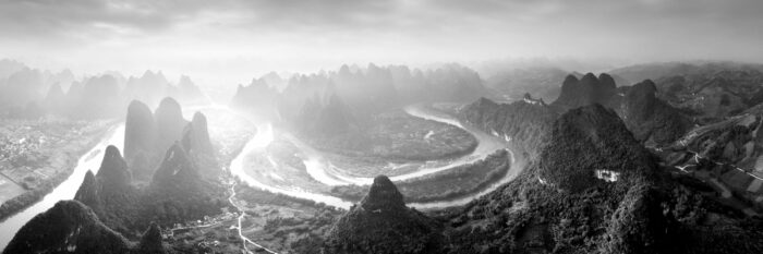 B&W Aerial panorama of the Li River in Guilin winding through the Karst mountains