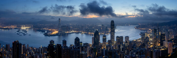 Panorama of the Hong Kong skyline from the peak during the blue hour