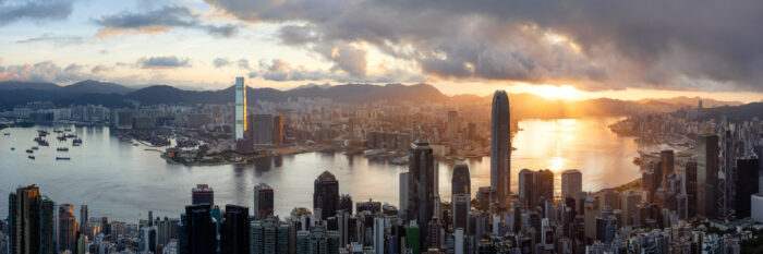 Panorama of the Hong Kong skyline from the peak at sunrise