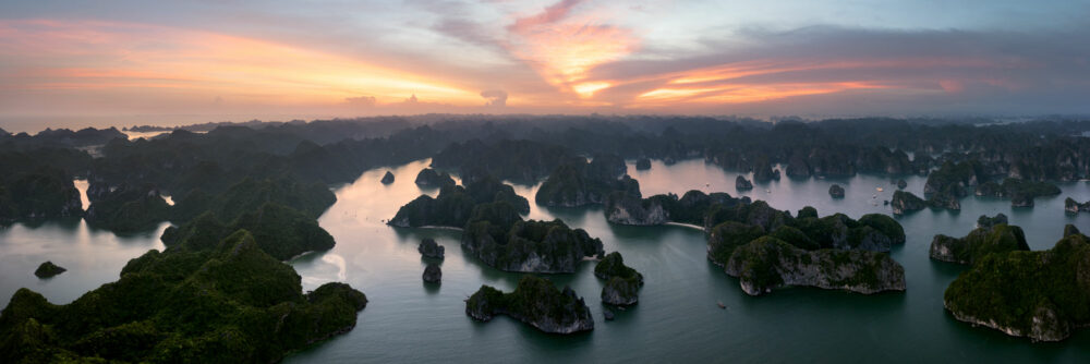 Aerial Panorama of Cat Ba island and Ha long bay at sunset in Vietnam