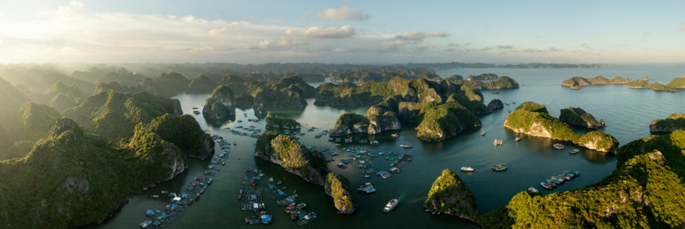 Aerial Panorama of a fishing village in Lan Ha Bay on Cat Ba Island in Vietnam