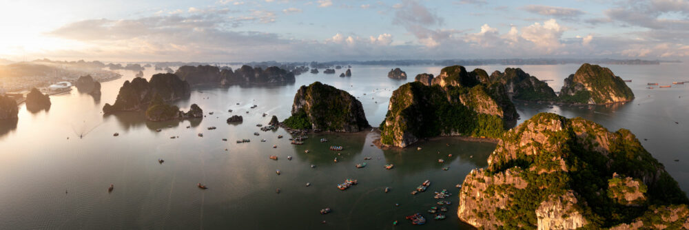 Aerial Panorama of Ha Long Bay at sunrise