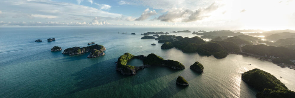 Aerial Panorama of Islands in Ha Long and Lan Ha Bay and around Cat Ba Island in Vietnam