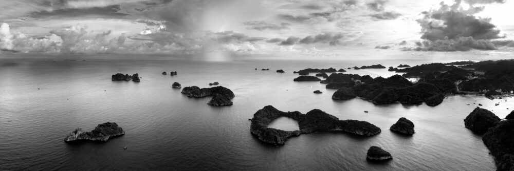 Black and white Aerial Panorama of Islands in Lan Ha Bay and Cat Ba Island in Vietnam