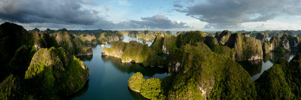 Aerial panorama of the Islands in Lan Ha Bay Vietnam