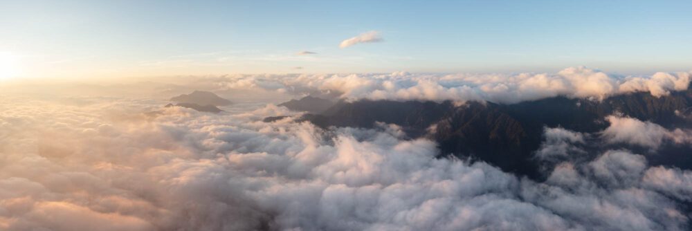 Aerial Panorama of the Lien son Mountain range and Fiansipan at sunrise in Sapa Vietnam