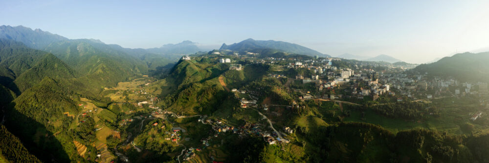 Aerial Panorama of Sapa Town and Muong How Valley in Vietnam