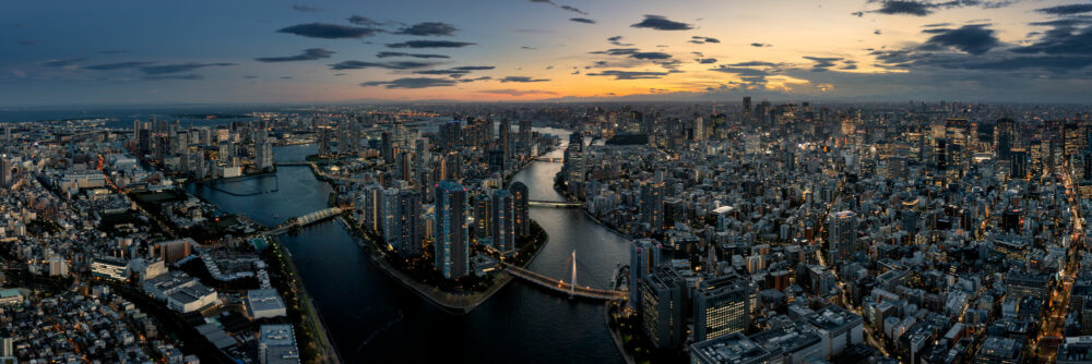 Aerial panorama of Tokyo tag sunset in Japan