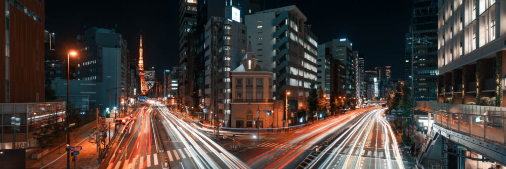 Panorama of the Tokyo Tower and Mita Street at night in Japan