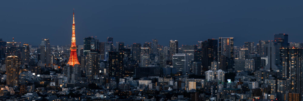 Panorama of the Tokyo Tower and City Skyline at night in Japan