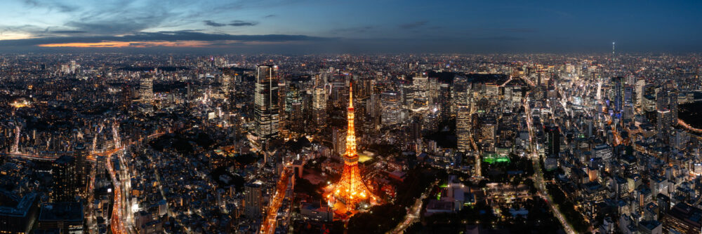 Aerial panorama of the Tokyo tower at sunset in Japan