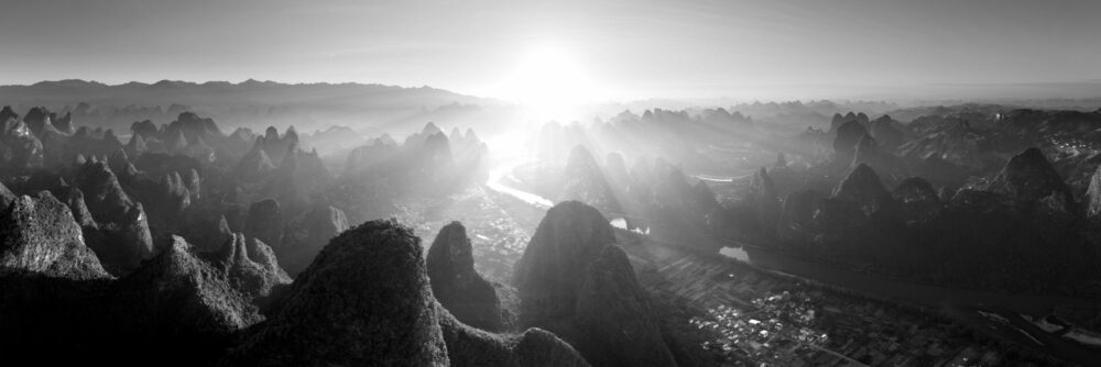 Black and white aerial panorama of Xingping in Guilin, China