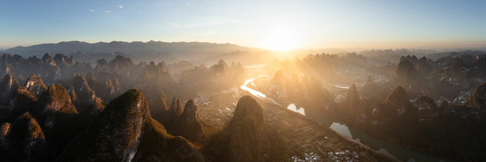 Aerial panorama of the mountains of Xingping in Yangshup ate sunrise in China