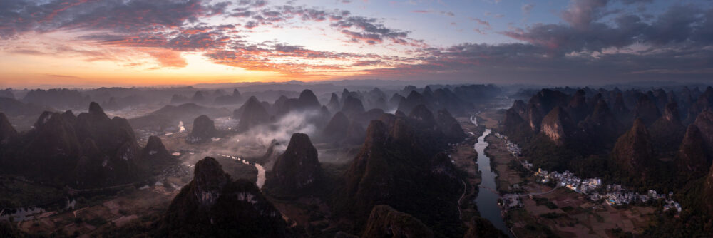 Aerial panorama of the Yulong River and Karst mountains of Yangshuo in china