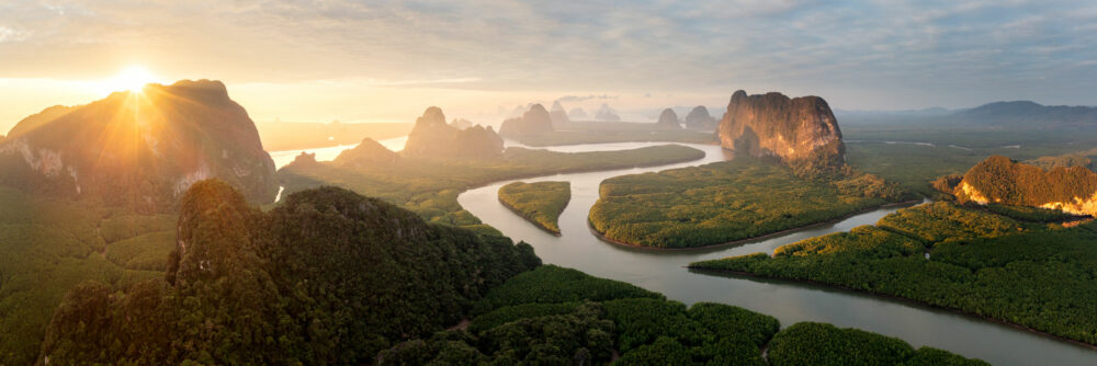 Aerial panorama of the Ao Phang Nha National Park Mangroves and Karst Islands in Phuket Thailand