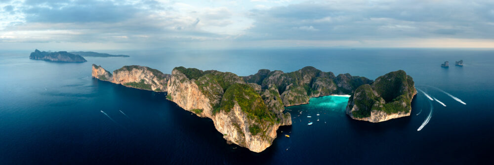 Aerial panorama of Maya Bay from the Movie the Beach in the Phi Phi Islands Thailand