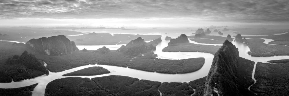 Black and white aerial panorama of Ao Phang Nha National Park in Thailand