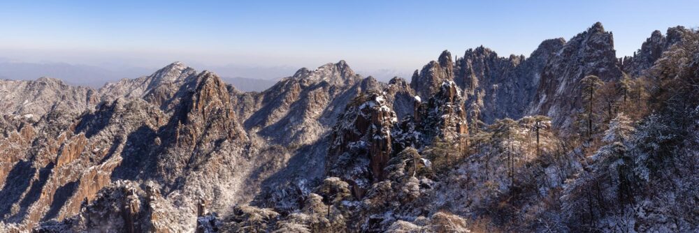 Panorama of the Huangshan Mountains covered in snow in winter in China