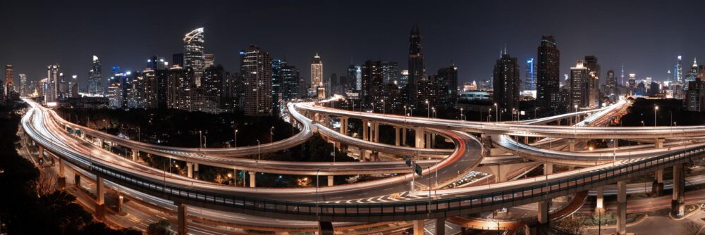 Panorama of an elevated intersection in Shanghai China at night