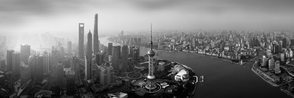 Black and white aerial panorama of Shanghai City in China