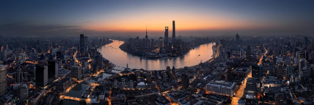 Aerial panorama of the Shanghai Skyline and Huangpu River at sunrise in China