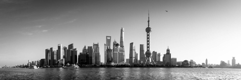 Black and white panorama of the Shanghai Skyline from the Bund in China