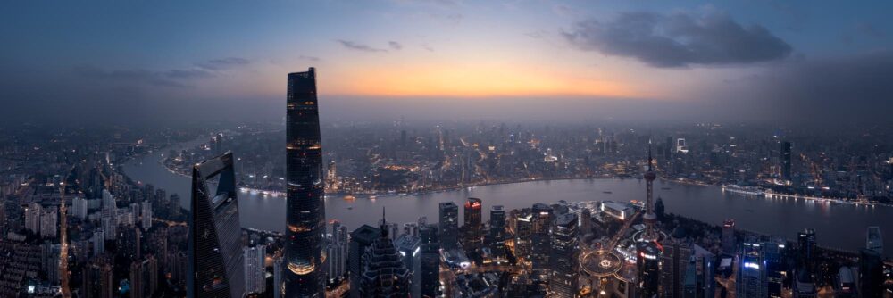 Aerial Panorama of the Shanghai tower and skyline at sunset in China